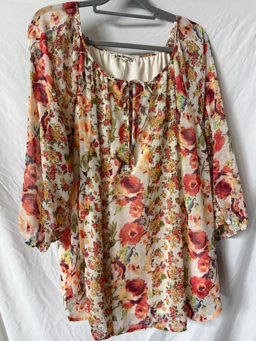 Boho Floral Peasant Tunic - Cream with Red & Orange Bloom
